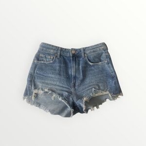 ZARA, Denim Blue Jean Shorts High-Waisted Distressed with Rhinestones.